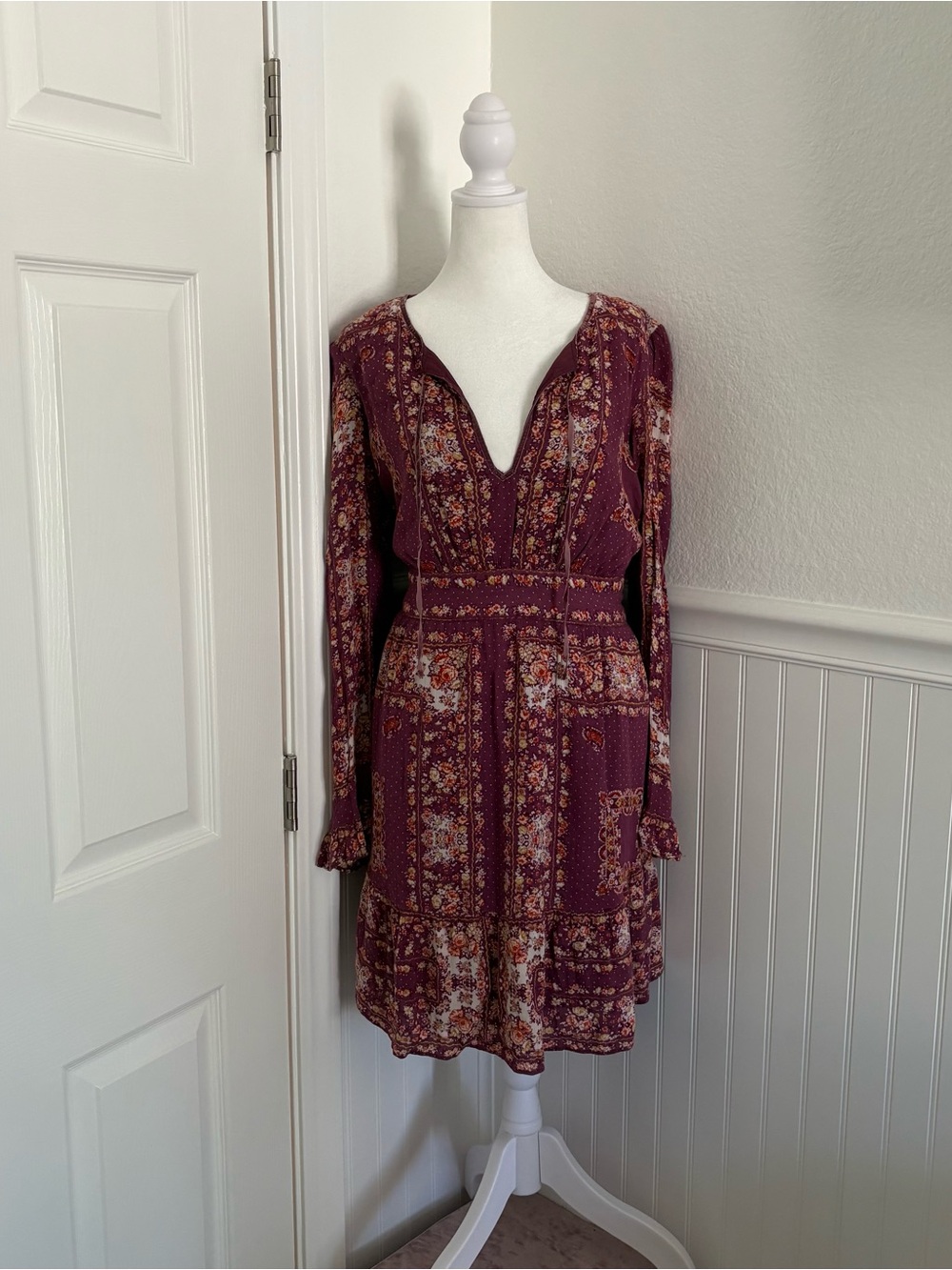 Free People Rose Floral Peasant Long Sleeve Dress size Large